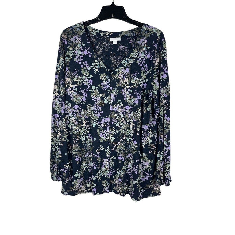 J.Jill Women’s Dark Floral Print V Neck Long Sleeve Top Fall Cottagecore